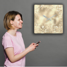 Champaigne Gold Tropical Leafs Botanisches Metalli Quadratische Wanduhr