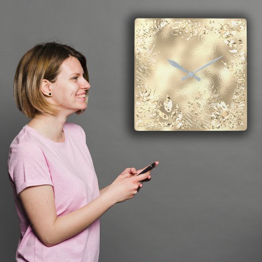 Champaigne Gold Tropical Leafs Botanisches Metalli Quadratische Wanduhr