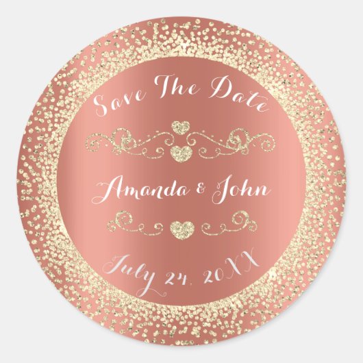 Champaigne Rose Gold Glitzer Save the Date Herz Runder Aufkleber (Vorderseite)