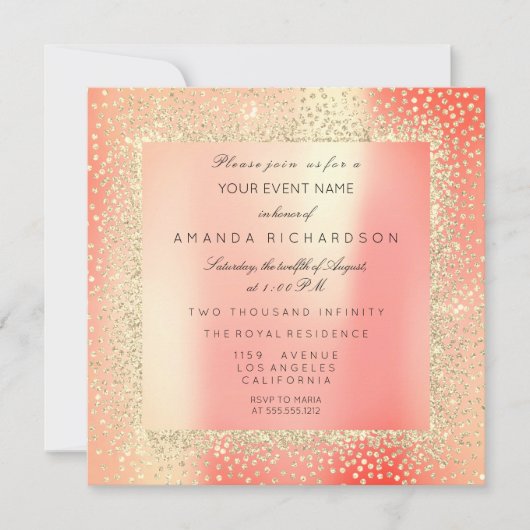 Champaigne Sepia Gold Glitzer Confetti Pink Peach Einladung (Vorderseite)