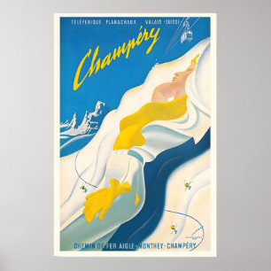 Champery Wallis Schweiz Suisse Vintage Skifahren Poster