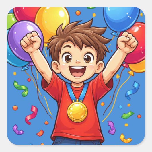 Champion Kid Feier Ballons Konfetti Quadratischer Aufkleber (Vorderseite)