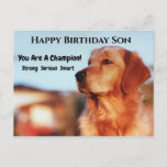 Champion Son Birthday Golden Retreifer Postkarte<br><div class="desc">Du bist ein Champion! Wenn Ihr Sohn ein Fan von Golden Retrievers ist,  wird er diese phantastische Geburtstagskarte schätzen. "Starke,  ernstzunehmende,  kluge" Botschaft,  die für alle goldenen Typ perfekt ist.</div>