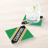 CHAMPIONEN Hellgrüne, schwarz-gelbe, schlanke Stre Glasuntersetzer (Schrägansicht)