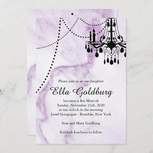 Chandelier Bat Mitzvah Einladung auf Lila Marmor (Vorne/Hinten)