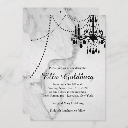 Chandelier Bat Mitzvah Einladung auf Marmor (Vorne/Hinten)
