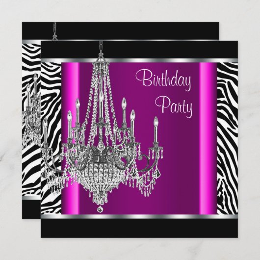 Chandelier Hot Pink Zebra Birthday Party Einladung (Vorne/Hinten)