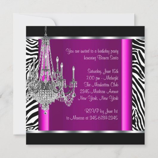 Chandelier Hot Pink Zebra Birthday Party Einladung (Rückseite)