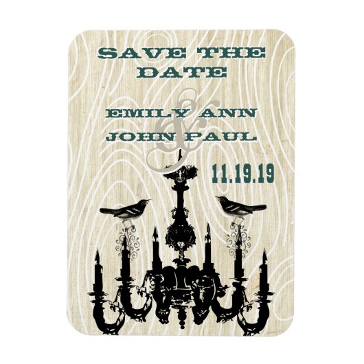 Chandelier Love Birds Wood Grain Save the Date Magnet (Vertikal)