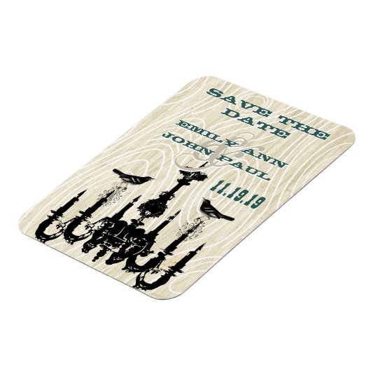 Chandelier Love Birds Wood Grain Save the Date Magnet (Linke Seite)