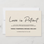 Change of Plans Love is Patient Wedding Postponed  Einladung (Vorderseite)
