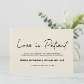 Change of Plans Love is Patient Wedding Postponed  Einladung (Stehend Vorderseite)