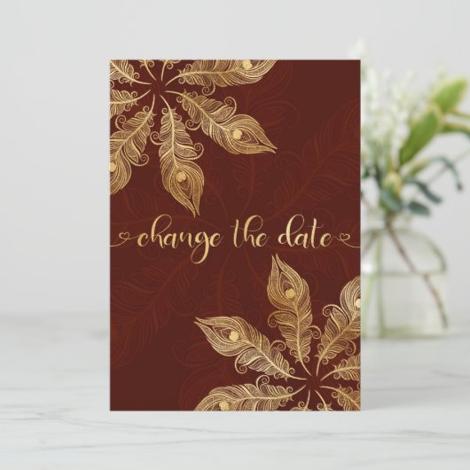 Change the date card with gold peacock feathers (Stehend Vorderseite)