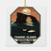 Channel Islands National Park Dolphin Retro Emblem Keramikornament (Rückseite)