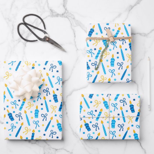 Chanukah Candles Burning White Blue Gold Geschenkpapier Set (Vorderseite)