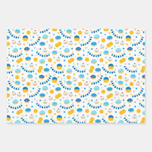 Chanukah Dreidels Doughnut Gold Blue White Geschenkpapier Set (Vorderseite)