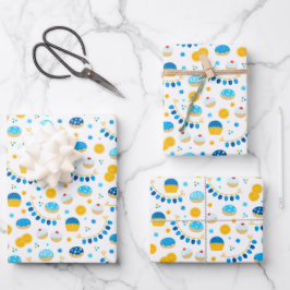 Chanukah Dreidels Doughnut Gold Blue White Geschenkpapier Set