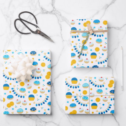 Chanukah Dreidels Doughnut Gold Blue White Geschenkpapier Set (Vorderseite)