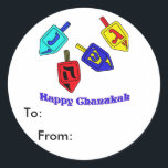Chanukah Dreidels Runder Aufkleber<br><div class="desc">Ein glückliches Chanukah-Geschenk mit 4 dreiköpfigen hebräischen Briefen,  die ein großes Wunder darstellen.</div>