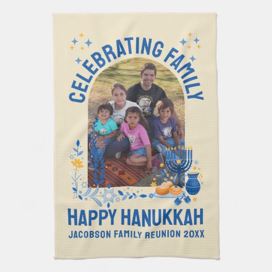Chanukah FAMILY WIEDERSEHEN Custom Foto Name HANUK Geschirrtuch (Vertikal)