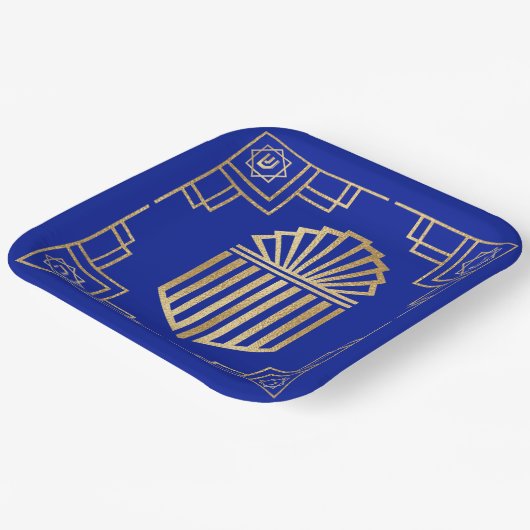 Chanukah/Hanukkah Art Deco Gold Blue Dreidels Pappteller (Gewinkelt)