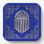 Chanukah/Hanukkah Art Deco Gold Blue Dreidels Pappteller (Vorderseite)