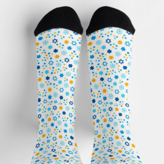 Chanukah Jewish Stars Snowflakes White Blue Gold Socken