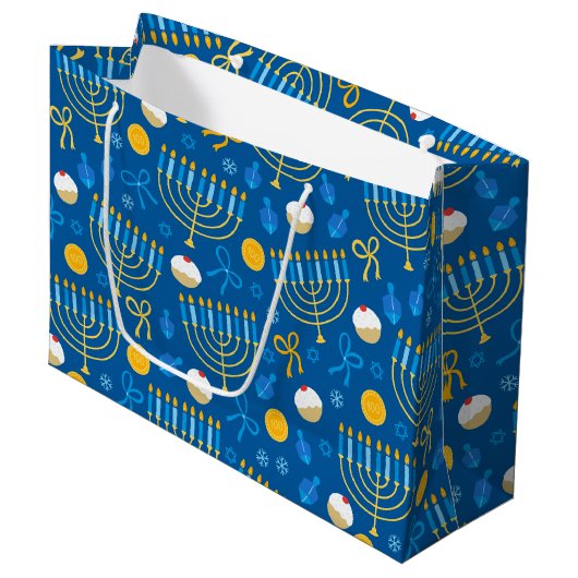 Chanukah Menorah Gelt Dreidel Blue Große Geschenktüte (Vorderseite Schrägansicht)