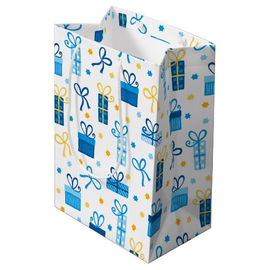 Chanukah präsentiert Geschenke w/Bows White Mittlere Geschenktüte (Rückseite Schrägansicht)