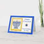 Chanukah wünscht sich eine zeitgenössische Menorah Karte<br><div class="desc">Happy Chanukah Gute Wünsche für Sie,  zeitgenössische Menorah mit blauen Kerzen,  Papier Grußkarte. Digitale Illustration mit einer beleuchteten Menorah und einem Stern von David. Art,  Bild und Vers Copyright © Shoaff Ballanger Studios,  2024.</div>