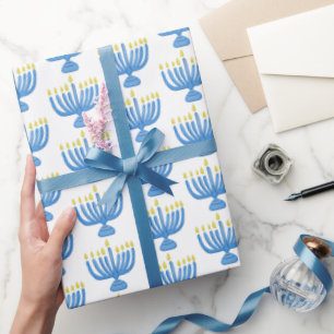 Chanukka-Botanische Menora-Aquarell Blau Geschenkpapier