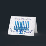 Chanukka-Feiertagskarte mit menorah im Blau und im Feiertagskarte<br><div class="desc">Chanukka-Feiertagskarte mit menorah in der blauen und weißen Menorah Chanukka Gruß-Karte in Blauem und in weißem, Menorah machte unter Verwendung der grafischen Tablette, an den unteren zwei olivgrünen Niederlassungen, glückliches Chanukka, können Sie dieses haben, das mit Namen personalisiert ist und Familiennamen, drücken gerade die Künstlerpalette auf der Karte für den...</div>