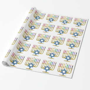 Chanukka-Regenbogen leuchtet Gold Menorah durch Geschenkpapier