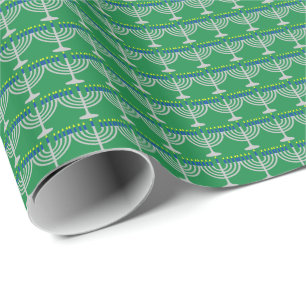 Chanukka-Silber-Menora auf Grün Geschenkpapier