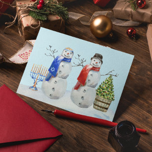 Chanukka und Weihnachts Schneemann Aquarell Feiertagspostkarte