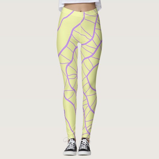 Chaos Abstrakt Gelb mit Lila Wavy Lines Leggings (Vorderseite)