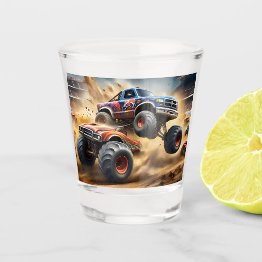 Chaos auf Rädern: Monster Truck Smash Derby Schnapsglas (Vorderseite)