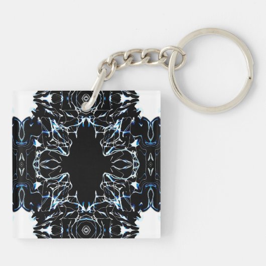 Chaotic Abstract Blue on Black and White Fluid Art Schlüsselanhänger (Rückseite)