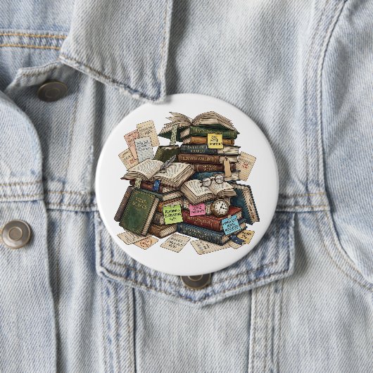 Chaotic Academia ADHD Hyperfocus Book Stack Button (Beispiel)