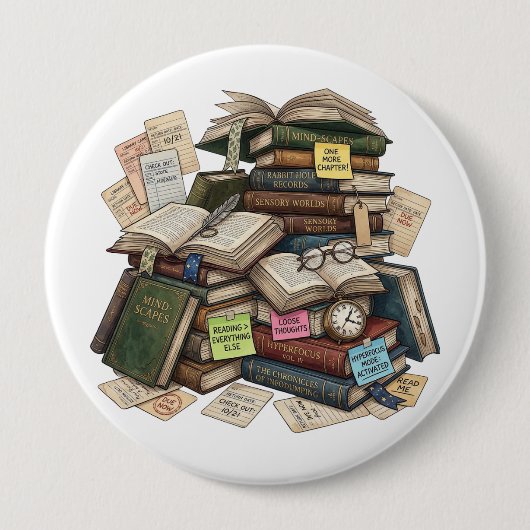 Chaotic Academia ADHD Hyperfocus Book Stack Button (Vorderseite)