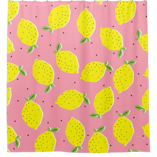 Chaotic Lemons Pink Polka: Zitrusmuster Duschvorhang (Vorderseite)