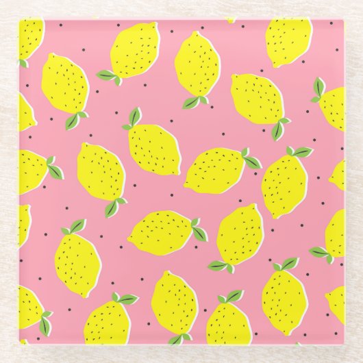 Chaotic Lemons Pink Polka: Zitrusmuster Glasuntersetzer (Vorderseite)