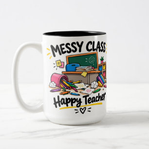 Chaotische Klasse Glückliche Lehrerin Grafik Kunst Zweifarbige Tasse