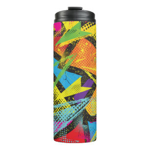 Chaotischer Neon: Abstraktes Graffiti-Muster. Thermosbecher