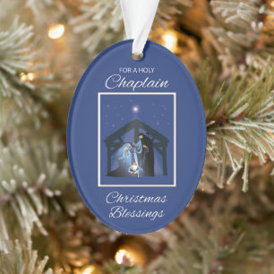 Chaplain Christmas Sessings Manger on Blue Ornament