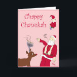 Chappy Chanukah Feiertagskarte<br><div class="desc">Auf dieser Karte befindet sich ein Rabbiner-artiger Weihnachtsmann,  ein Elf,  der dreidel spielt,  und der Rotnasen-Rentier mit einer Menorah anstelle von Antlers.  Ja,  die typische Glaubensfamilie hübsch.</div>