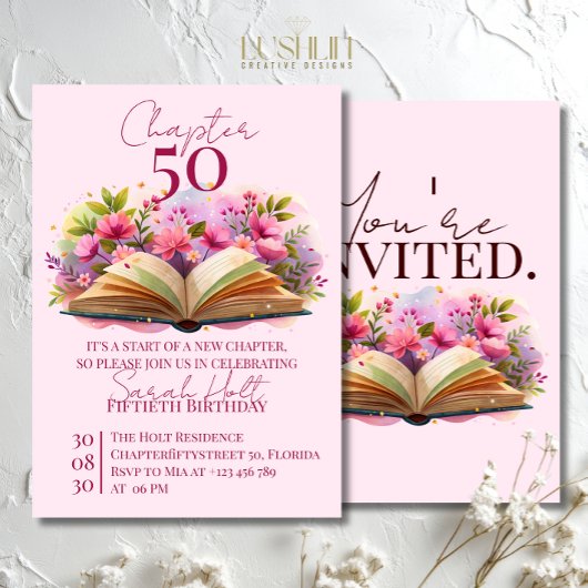 Chapter 50 Birthday – Open Book with Pink Flowers Einladung