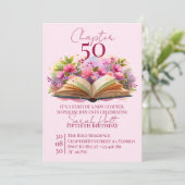 Chapter 50 Birthday – Open Book with Pink Flowers Einladung (Stehend Vorderseite)