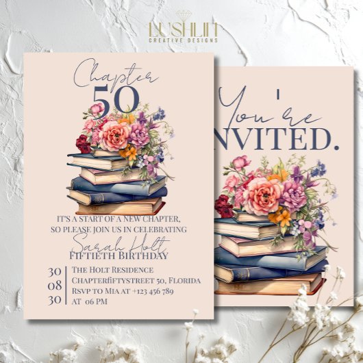 Chapter 50 Birthday Stacked Books with Flowers Einladung