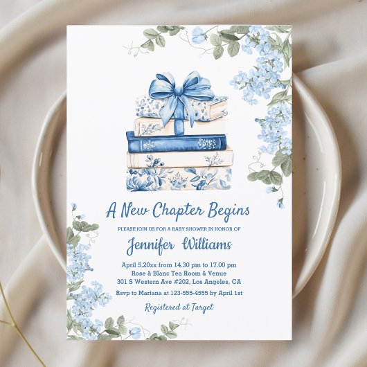 chapter begins, blue bow books floral baby shower einladung